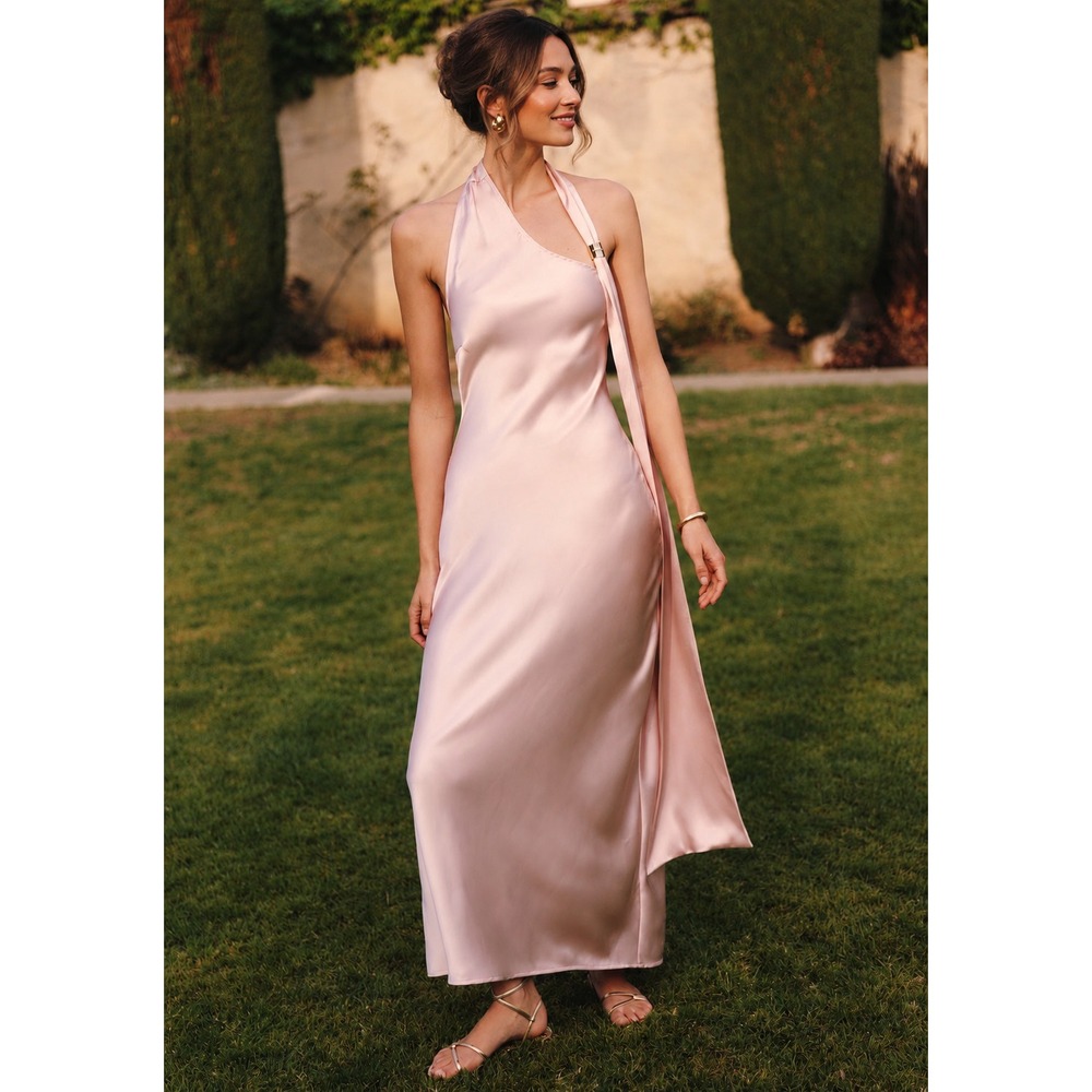 ANTHROPOLOGIE 4TH RECKLESS Womens New Maxi Slip Dress XL Pink One Shoulder Satin